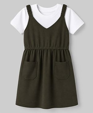 Pine Kids Cotton Knit Half Sleeves Frock with Inner Tee & Cute Text Print - Olive Green