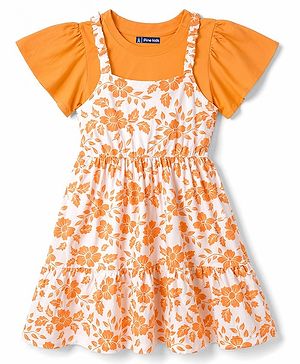Pine Kids Cotton Knit Half Sleeves Floral Printed Frock with Inner Tee- Orange