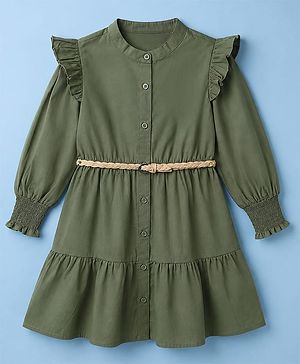 Pine Kids 100% Cotton Woven Full Sleeves Solid Tiered Shirt Dress With Belt - Olive Green