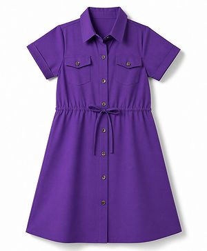 Pine Kids Twill Woven Solid Shirt Dress with Half Sleeves - Purple