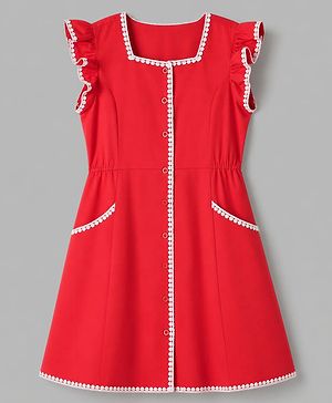 Pine Kids Cotton Woven Sleeveless Frock With Lace Detailing - Red