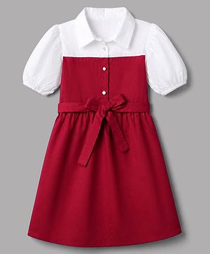 Pine Kids 100% Cotton Woven Half Puffed Sleeves Solid Frock - Red
