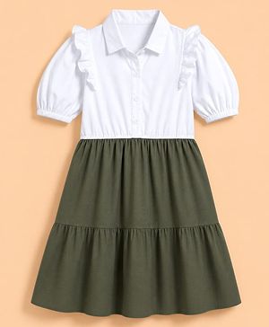 Pine Kids Cotton Woven One Piece Dress with Short Sleeves and Puffed Sleeves in White for 4-5 Years