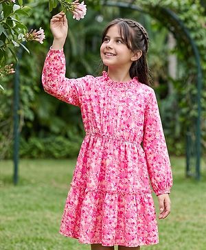 Pine Kids Woven Full Puffed Sleeves Floral Printed Tiered Frock - Pink