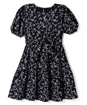 Pine Kids Cotton Woven One Piece Dress with Short Sleeves and Floral Print - Black