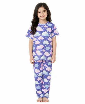Anthrilo 100% Pure Cotton Knit Half
                              Sleeves Clouds & Stars Printed
                              Coordinating Tee & Pajama Night Suit -
                              Purple