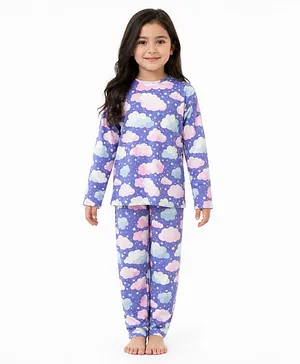 Anthrilo 100% Pure Cotton Knit Full
                              Sleeves Clouds & Stars Printed
                              Coordinating Tee & Pajama Night Suit -
                              Purple