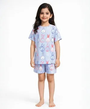 Anthrilo 100% Pure Cotton Knit Half
                              Sleeves Bunny Printed Coordinating Tee
                              & Shorts Night Suit - Blue