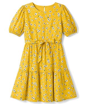 Pine Kids Rayon Woven Half  Puffed Sleeves Floral Printed Tiered Dress with Belt  - Yellow