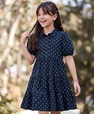 Pine Kids Cotton Woven Half Sleeves Frock With Polka Dot -Navy Blue