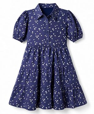 Pine Kids Woven Half Sleeves Tiered Frock with Floral Print - Navy Blue