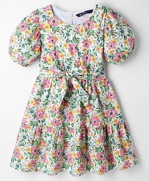Pine Kids Woven Half Sleeves Floral Printed Frock - White