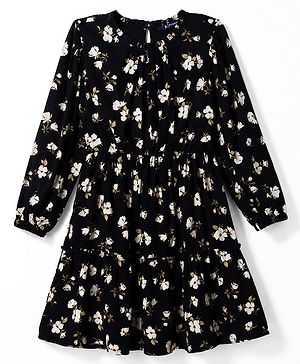 Pine Kids Woven Full Sleeves Floral Printed Tiered Frock - Black