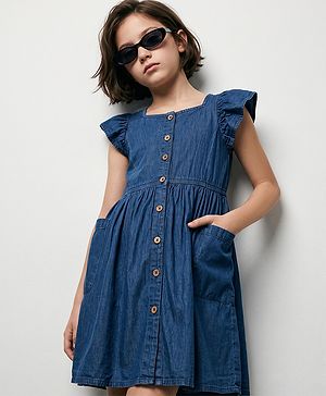Pine Kids Cotton Woven Half Sleeves Frock With Side Pockets - Navy Blue