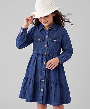 Pine Kids Cotton Woven Dress with Full Sleeves in Navy Blue