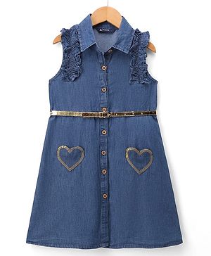 Pine Kids Cotton Woven Sleeveless Shirt Dress & Belt with Hearts Print - Navy Blue