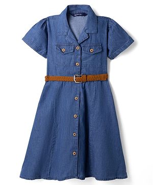 Pine Kids Denim Shirt Style Frock and Belt with Half Sleeves - Navy Blue