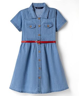 Pine Kids Cotton Woven Half Sleeves Solid Colour Shirt Dress with Belt - Light Blue