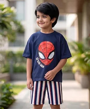 Nap Chief Cotton Blend Knit Marvel
                              Featuring Half Sleeves Spiderman Printed
                              Tee & Shorts Set - Navy Blue