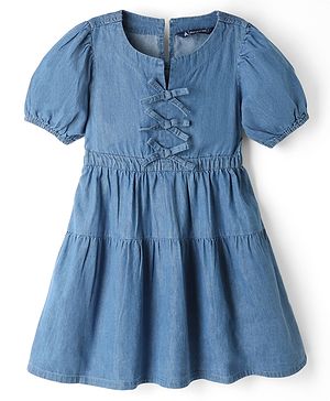 Pine Kids Cotton Woven Dress with Half Sleeves and Bow Detailing - Navy Blue