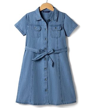 Pine Kids 100% Cotton Woven Denim Shirt Dress with Half Sleeves & Belt - Navy Blue