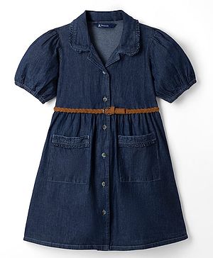 Pine Kids 100% Cotton Woven Front Open Collared Denim One Piece with Half Sleeves and Belt - Navy Blue