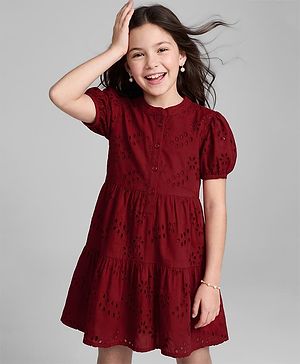 Pine Kids Woven Half Sleeves One Piece Dress with Floral Embroidery - Red