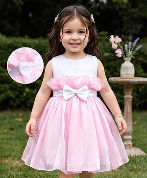 Babyhug Organza Woven Sleeveless Party Frock With Bow Applique - Pink & White