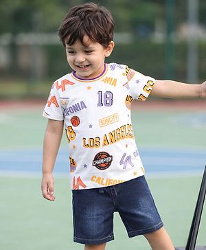 Babyhug Single Jersey Knit Denim Half sleeves T-Shirt and Bottomwear Set with Los Angeles Basketball Print - White