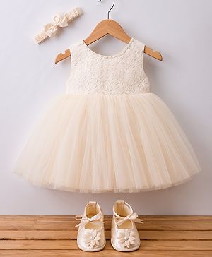 Babyhug Mesh Woven Sleeveless Solid Colour Party Dress with Bow Applique Head Band & Booties - Ivory