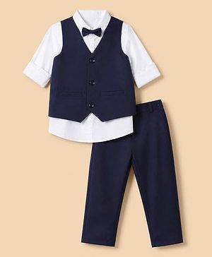 Pine Kids Knit 3 Piece Full Sleeves Party Suit With Bow Detailing - Navy Blue