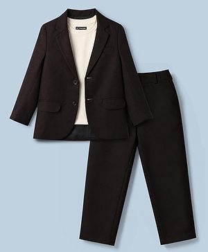 Pine Kids Knit Full Sleeves T-Shirt & Trouser Set With Blazer - Brown