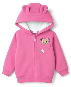 Babyhug 100% Cotton Knit Full Sleeves Front Open Hooded Sweatshirt With Applique - Pink