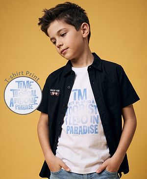 Pine Kids Cotton Woven Short Sleeves Solid Shirt With Text Print on Tee - Neavy Blue