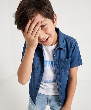 Pine Kids Cotton Woven Short Sleeves Denim Twofer Shirt with Tropical Paradise Print - Blue