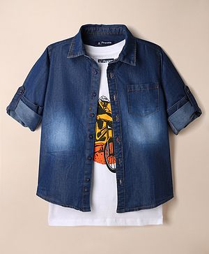 Pine Kids 100% Cotton Denim Shirts and Tank Top with Full Sleeves and Cyclist Print - Royal Blue