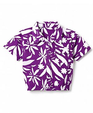 Pine Kids Poplin Woven Shirt Style Top with Short Sleeves and Floral Print - Purple