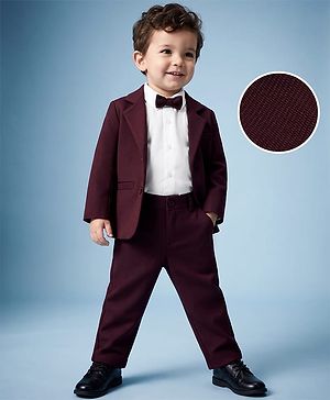Babyhug Woven Full Sleeves Solid Three Piece Party Suit With Bow - Wine
