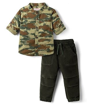 Babyhug 100% Cotton Woven Full Sleeves Shirt and Pant with Camouflage Print - Olive Green
