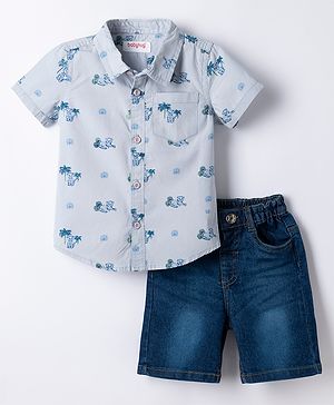 Babyhug Cotton Woven Denim Half Sleeves Shirt and Shorts Set With Leopard Print - Blue