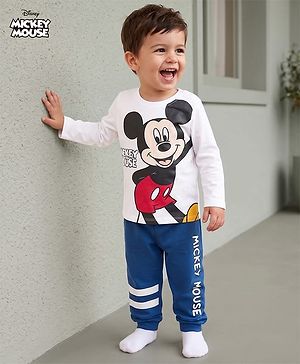 Babyhug Disney Single Jersey Knit Full Sleeves T-Shirt & Pajama Night Suit with Mickey Mouse Graphics - White & Blue