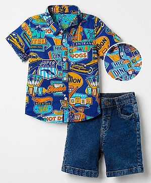 Babyhug Cotton Woven Half Sleeves Text Printed Shirt and Shorts Set - Navy Blue