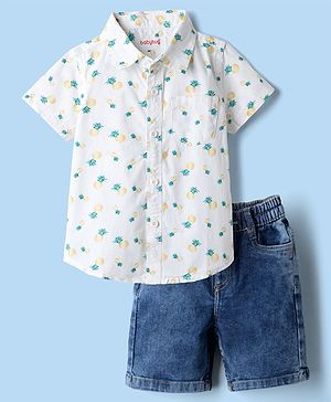 Babyhug Cotton Woven Half Sleeves Shirt and Denim Shorts with Pineapple Print - White & Blue