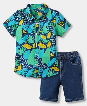 Babyhug Cotton Woven Half Sleeves Shirt and Denim Shorts Set with Leaf Print - Navy Blue