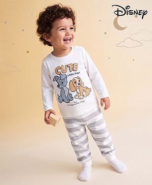Babyhug Disney Single Jersey Knit Full Sleeves T-shirt & Striped Pyjama Night Suit With Lady and the Tramp Graphic - White