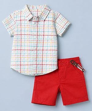 Babyhug 100% Cotton Woven Half Sleeves Shirt and Short with Suspenders and Checks Print - White