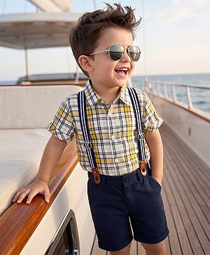 Babyhug 100% Cotton Woven Half Sleeves Checked Shirt & Shorts - Black & Yellow