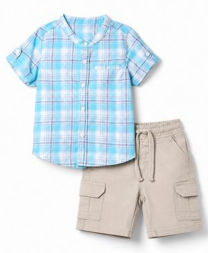 Babyhug 100% Cotton Woven Half Sleeves Checks Shirt & Shorts With Cargo Pocket - Blue & Beige