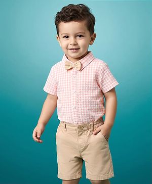Babyhug 100% Cotton Woven Half Sleeves Checked Shirt & Shorts Set With Bow - Beige