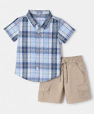 Babyhug 100% Cotton Woven Half Sleeves Checks Shirt & Shorts Set - Beige & Blue